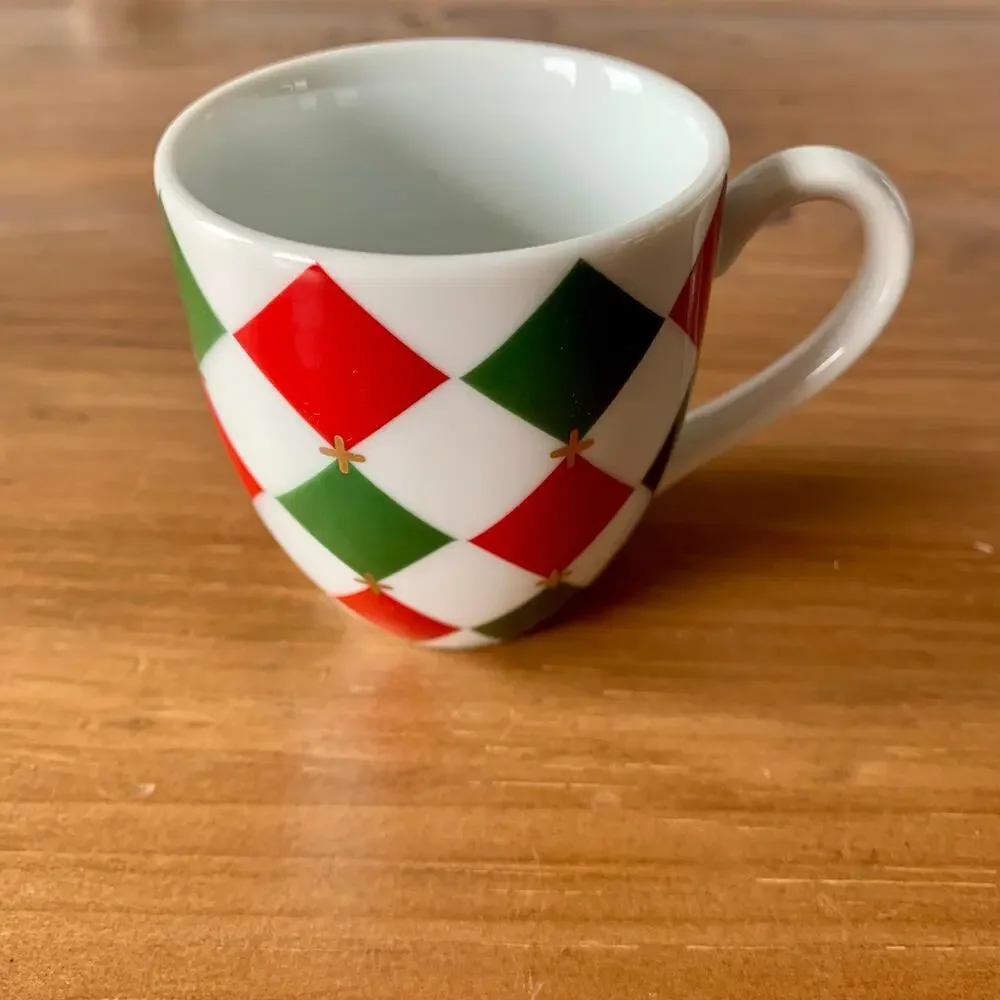 Williams Sonoma Harlequin Cup & Saucer Red Green Gold Demitasse Diamonds 2